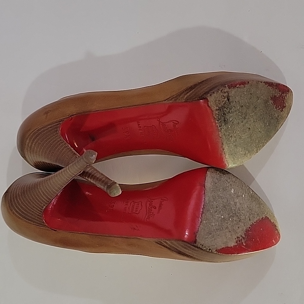 Christian Louboutin Leather red bottoms D'Orsay tan peep toe pumps 39.5 - Picture 8 of 13